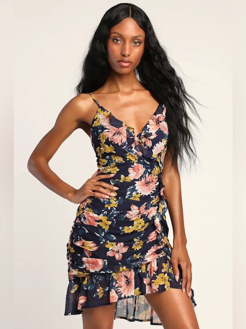 LULUS RUCHED FLORAL MINI DRESS